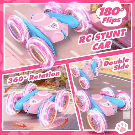NQD Pink Remote Control Car for Girls, 360° Spin Flip RC Stunt Car with Flashing Wheel Lights 2 Batteries, Double Sided 4WD Off-Road RC Toy Gift for Girls Xmas Birthday