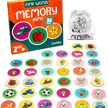 Montessori-Inspired Wooden Matching Game for Toddlers 2-4 Years - Durable, Scratch-Resistant 36 Card Set, Includes Carry Bag - Memory Game for Toddlers 2-4 Years - Cognitive Verbal Skills Development