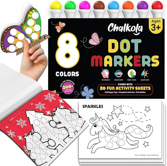 Chalkola 8 Washable Dot Markers for Toddlers 1-3 | with 20 Page Coloring Activity Book Kit, Bingo Daubers | Preschool Paint Dot Art Set - Toddler Arts and Crafts Supplies for Kids Ages 2-4 Years Old
