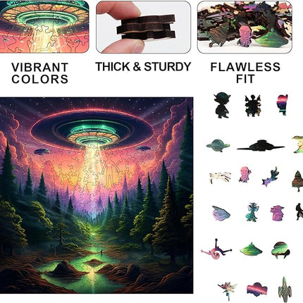 Wooden Jigsaw Puzzle for Adults - Challenging 300 Piece Puzzle with Cool Shapes - UFO Alien Landscape Puzzle Art - Paranormal Collection (Earthly Encounter)