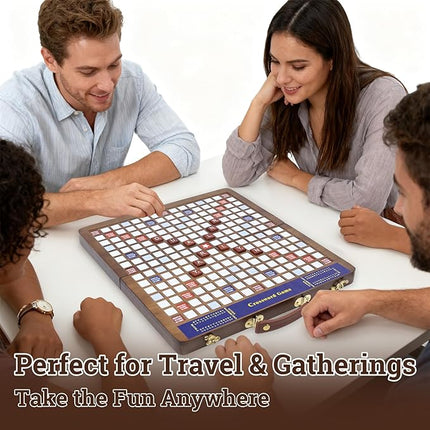 Wooden Folding Crossword Board Game – Word Game Set with 100 Letter Tiles, Sand Timer, Pencil, Racks & Bag – Portable Wooden Game for Adults & Family