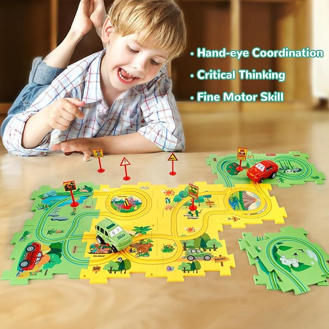 Plastic Floor Puzzles for Kids with 2 Cute Vehicles, Puzzle Racer Kids Car Track Set, Montessori Toys for 3 4 5 6 Year Old Boys, Gifts for 3 4 5 6 Year Old Boys, Toys for Ages 3-4