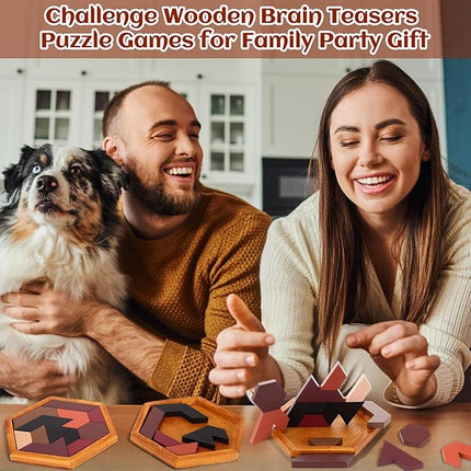 Yilloog 12 Pack Hexagon Tangram Puzzles Wooden Brain Survivor Puzzles for Adult Challenge Hexagon Tangram Brain Teaser Wood Geometric Jigsaw Russian Blocks for Family Party Gift Logic Game