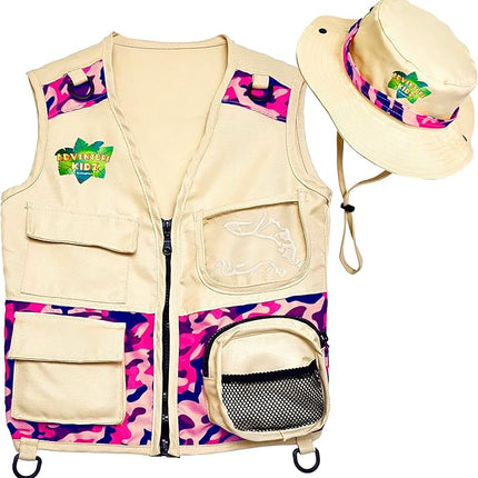 Safari Kidz Outdoor Explorer Kit - Pink Camouflage Cargo Vest and Hat Set, Backyard Nature Adventures, Washable Costume, Age 3+
