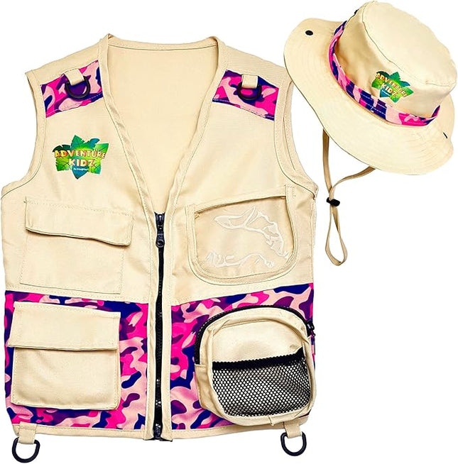Safari Kidz Outdoor Explorer Kit - Pink Camouflage Cargo Vest and Hat Set, Backyard Nature Adventures, Washable Costume, Age 3+