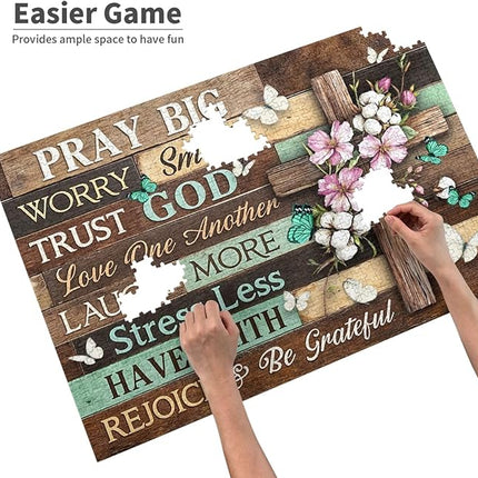 Christian Jigsaw Puzzles 1000 Pieces for Adults, Elegant Cross with Pray Big Worry Small Trust God Quote, Religious Wooden Puzzle, Faith-Based Home Decor & Uplifting Gift