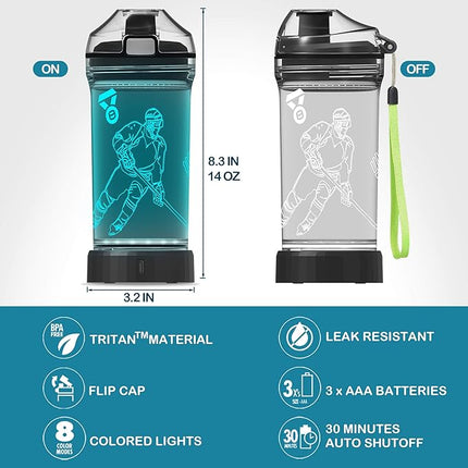 YuanDian Hockey Gifts for Boys, Light Up Water Bottle - 14 OZ Tritan BPA Free Eco-Friendly - Cool LED Sport Cups Gift for Hockey Player School Kids Girl Child Christmas Holiday