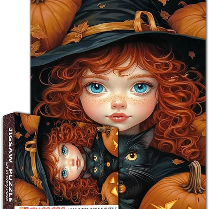 Brown Curly-Haired Doll Holding Black Cat Jigsaw Puzzle Halloween Pumpkin Girl Jigsaw Puzzles for Challenging Family Activity Games DIY Puzzle for Home Wall Decor Gifts 20 x 27 Inch