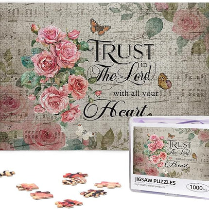 Christian Jigsaw Puzzles 1000 Pieces for Adults, Trust in The Lord Bible Quote with Roses & Sheet Music, Religious Wooden Puzzle for Stress Relief, Faith-Based Gift & Wall Decor