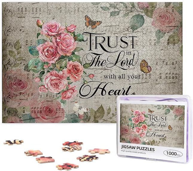 Christian Jigsaw Puzzles 1000 Pieces for Adults, Trust in The Lord Bible Quote with Roses & Sheet Music, Religious Wooden Puzzle for Stress Relief, Faith-Based Gift & Wall Decor
