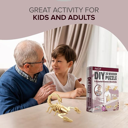 Hands Craft DIY 3D Wooden Puzzle – 6 Assorted Insects & Arachnids Bundle Pack Brain Teaser Puzzles Educational STEM Toy Adults and Kids to Build Safe and Non-Toxic Easy Punch Out Premium Wood JP2B9