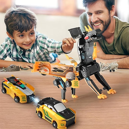 2-in-1 Collision Transformation Dinosaur Car Toy |Magnetic Cars Convertible Robot Toys|DinosaurToys for Kids 3-12 Ideal Christmas Birthday Gift for Boys (Golden Blue)