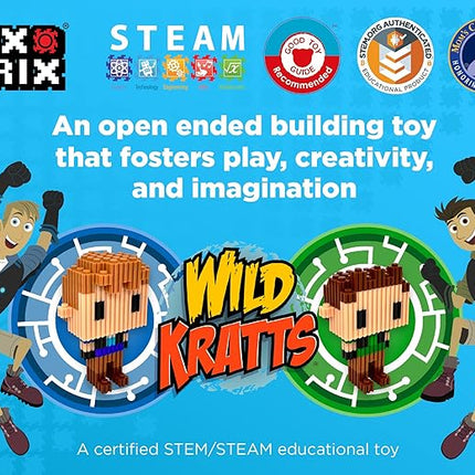 Pix Brix - Wild Kratts Toy Pixel Art Kit - Kratt Brothers Figures, 329 Pieces - Patented Slide + Stack Pixel Puzzle Building Bricks, Create Martin & Chris Figures - Stem Toys, Ages 6 Plus
