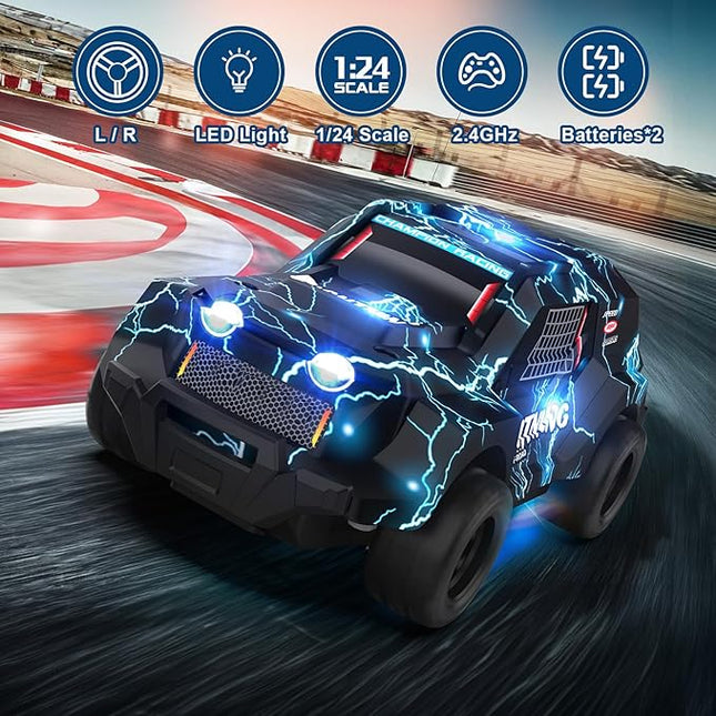Remote Control Off Road RC Car for Kids - Cool Light Up 1/24 Scale Hobby Truck Race Car Toy Gifts for 3-8 Year Old Boys