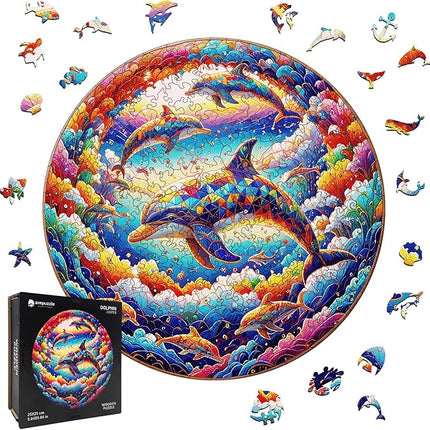Wooden Puzzle for Adults – Unique Dolphin-Shaped Jigsaw, Colorful Ocean Animal Design Brain Teaser for Kid & Teen, 220 Pieces, 10"x10", Ships as Whole Puzzle Board, Gift-Ready Box, Fun Family Game