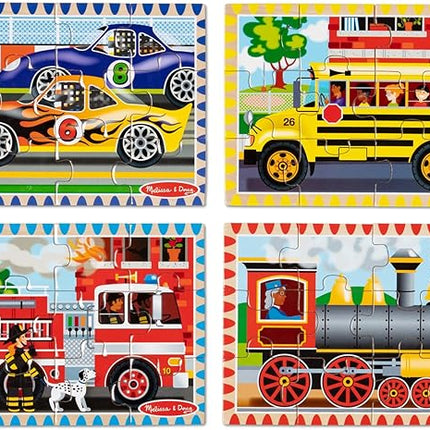 Melissa & Doug 4‑in‑1 Wooden Vehicle Jigsaw Puzzle Set, 48 Pieces with Storage Box, Toddler Puzzle Toy for Kids Ages 3+- FSC Certified