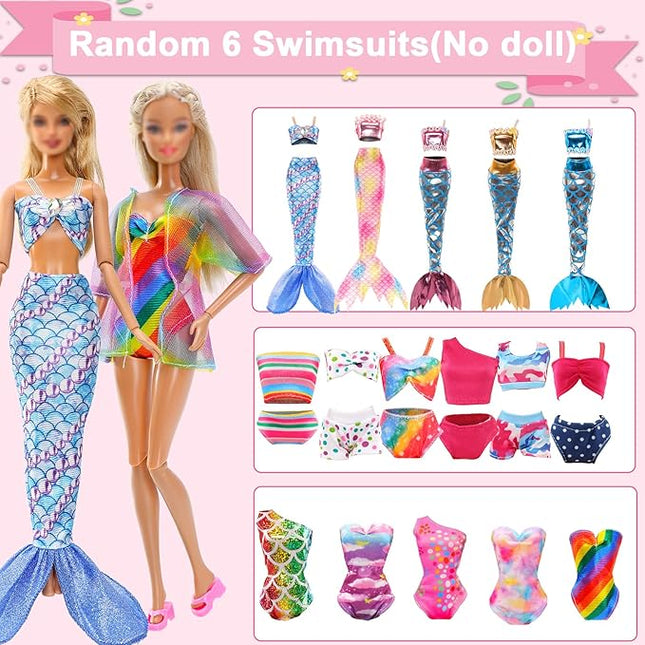 20 Packs Doll Clothing Accessories Set for 11.5 Inch Girl Dolls - Includes 5 Bikini Swimwear Beach Bathing Suits, Coat, Mermaid Dress, 5 Shoes, 3 Slippers, Swimming Pool Floaties, Drinks & Sunglasses