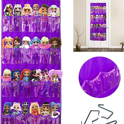 Hanging Over Door Toy Storage Organizer with 24 Clear View Pockets, Ideal for Lol Omg Dolls Barbie Dolls Surprise Doll, Cars and More Collectibles‘s Storage, Best Gift for Girls (Purple)
