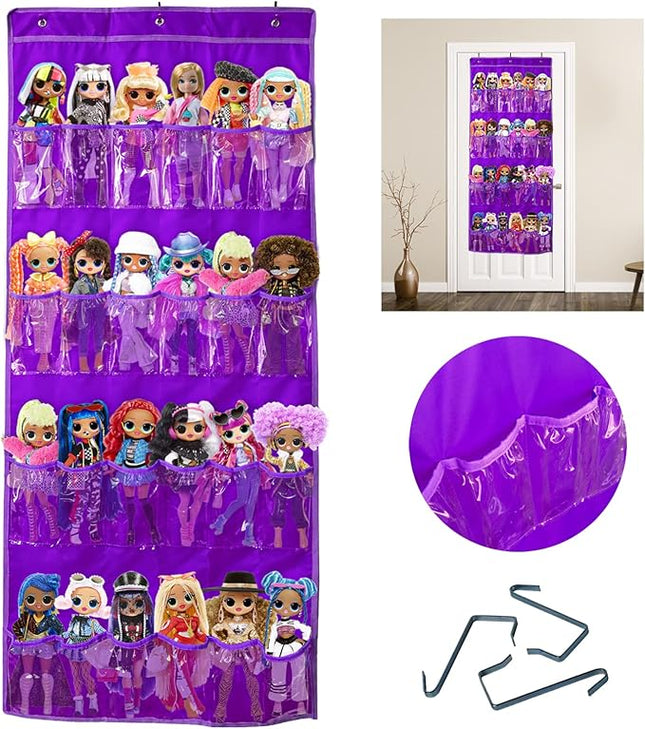 Hanging Over Door Toy Storage Organizer with 24 Clear View Pockets, Ideal for Lol Omg Dolls Barbie Dolls Surprise Doll, Cars and More Collectibles‘s Storage, Best Gift for Girls (Purple)