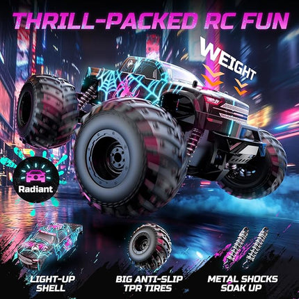 DEERC 1/16 Glowing Spider Remote Control Car - Fast RC Cars W/2 Rechargeable Batteries for 40 Min Play, All Terrain Off-Road Monster Truck Toys for Boys Kids Age 4-7 8-12 Birthday Xmas Gift