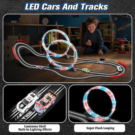 2-in-1 Slot Car Race Track Set with 4 High-Speed Cars, Electric Track, Dual Racing Game with 2 Controllers, Circular Overpass Design Featuring Flash Tracks. Toy Gift for Boys Kids Ages 4-6 6-8 8-12