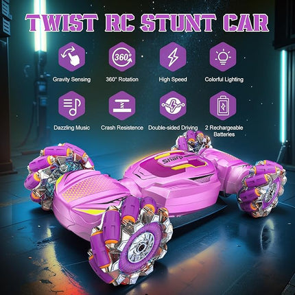 Gesture Sensing RC Stunt Car, Boys Girls Ages 6-12 Birthday Gift Ideas, 4WD Transform Off Road for Rotating Hand-Controlled 2.4Ghz Remote Control Twist Cars with Lights and Music Purple