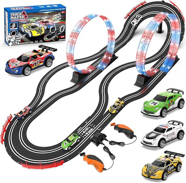 2-in-1 Slot Car Race Track Set with 4 High-Speed Cars, Electric Track, Dual Racing Game with 2 Controllers, Circular Overpass Design Featuring Flash Tracks. Toy Gift for Boys Kids Ages 4-6 6-8 8-12