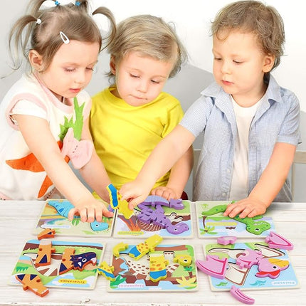SYNARRY 6 Pack Dinosaur Wooden Puzzles for Kids 3-5, Wooden Puzzles for Toddlers, Dinosaur Educational Puzzles for Toddlers 3 4 5 Year Old, Easter Basket Stuffers Valentines Day Gifts for Kids