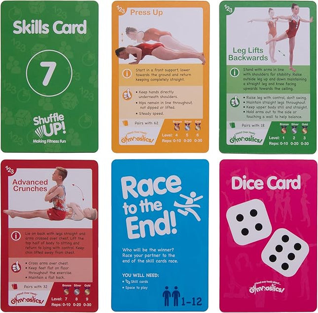 Shuffle Up Gymnastics Card Games - 70+ Fun & Active Skills Cards for Kids, Fitness Cards Develop Fundamentals, Stamina & Strength, Easy to Play for Kids | Multiple Skills Level Card Include 2 Dices