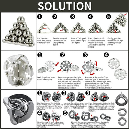 Brain Teaser Puzzles- 3 PCS Metal Puzzles Kit Metal Cast Puzzle Games Toys Unlock Interlock Puzzles Box Mind IQ Logic Test Disentanglement Games Toys for 15+ Adults Office Supplies WP140B