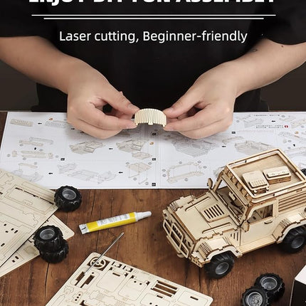 3D Wooden Puzzle Off-Road Car for Adults, Brain Teaser 3D Puzzles for Kids and Adults to Build, 125pcs Wood Craft Pull Back Truck Cars, Christmas Birthday Gift for Teens Men Women