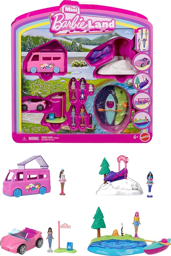 Barbie Mini BarbieLand 4-Pack Doll & Toy Vehicle Set with 4 1.5-inch Dolls & 4 Iconic Toy Vehicles with Color-Change Surprise