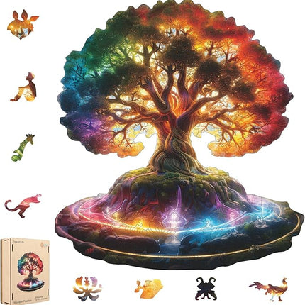 Glowing Tree of Life Wooden Puzzles - 200 Pieces Fantasy Forest Nature Landscape, Irregular Shape Wood Jigsaw Puzzle for Adults, Educational Puzzles for Family Game, 10.5x11.4 in