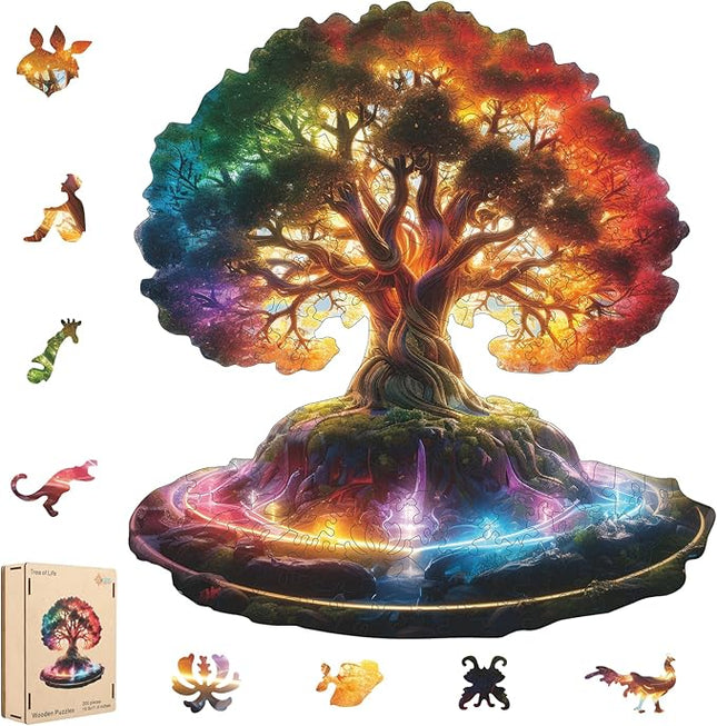 Glowing Tree of Life Wooden Puzzles - 200 Pieces Fantasy Forest Nature Landscape, Irregular Shape Wood Jigsaw Puzzle for Adults, Educational Puzzles for Family Game, 10.5x11.4 in