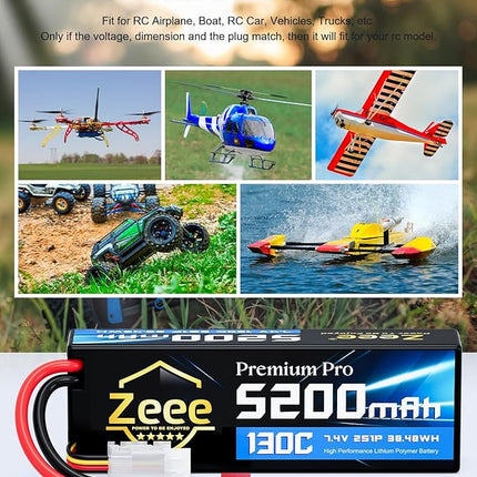Zeee Premium Pro 2S Lipo Battery 5200mAh 7.4V 130C RC Battery Hard Case with T Plug Compatible with 1/8 1/10 RC Vehicles Car Slash RC Buggy Truggy RC Airplane Racing Models(2 Pack)