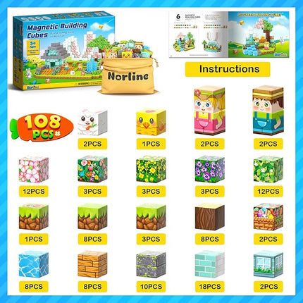 108PCS Magnetic Blocks Kids Magnet Toys, Mine Magnet World Bunny Garden Wonderland Building Crafts, Sensory Learning Toys Game Gifts for Kids Ages 3-5 4-6 5-7 8-12 Year Old Boys Girls