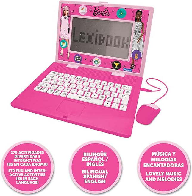 Lexibook, Barbie, Bilingual and Educational Laptop Spanish/English, Toy for Children, 170 Activities to Learn, Play Games and Music, Large Screen, Pink, JC599BBi2