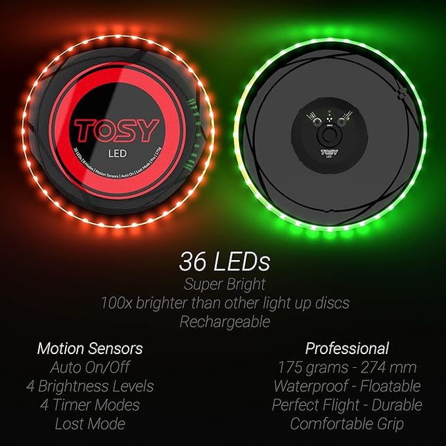 TOSY Flying Disc - 36 Mono-Color LEDs, Extremely Bright, Smart Modes, Camping Essentials for Teens/Kids/Adults/Men/Boys/Girls, Auto Light Up, Rechargeable, Waterproof, 175g