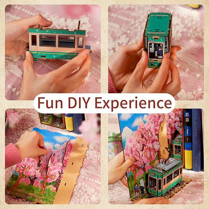 Tonecheer DIY Book Nook Kit for Adults, 3D Wooden Puzzle Bookend Bookshelf Insert Decor Fancy Book, Booknook Miniature House Kit with Sensor LED Light Birthday (Sakura's Travel)