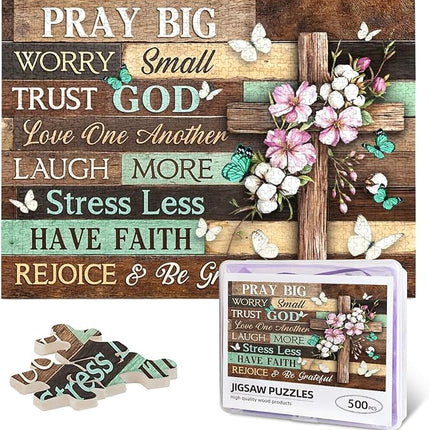 Christian Jigsaw Puzzles 500 Pieces for Adults, Elegant Cross with Pray Big Worry Small Trust God Quote, Religious Wooden Puzzle, Faith-Based Home Decor & Uplifting Gift