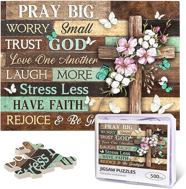 Christian Jigsaw Puzzles 500 Pieces for Adults, Elegant Cross with Pray Big Worry Small Trust God Quote, Religious Wooden Puzzle, Faith-Based Home Decor & Uplifting Gift