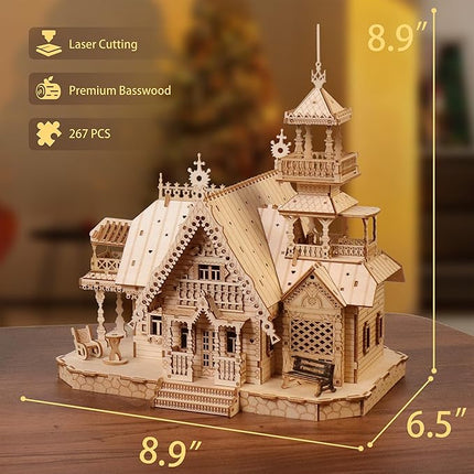 Vintage Villa 3D Wooden Puzzle,Building Kits for Adults and Teens,Educational Brain Teaser Assembly Model with LED Lights,Skill Building and Creative Fun