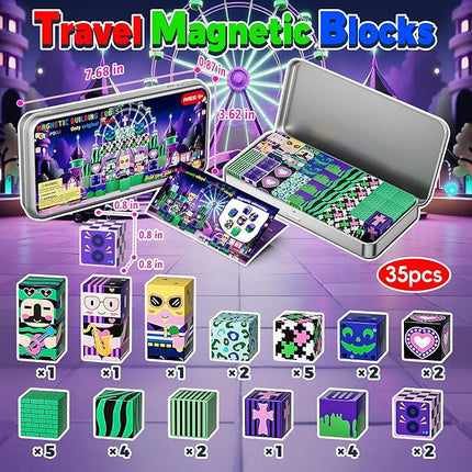 Music Animals Theme Magnetic Building Blocks Travel Toys Set with Portable Metal Tin for Kids Boys & Girls Ages 3+, 35PCS STEM Learning Magnetic Cubes for Toddlers 3-5,Birthday Gifts, Classroom Prizes