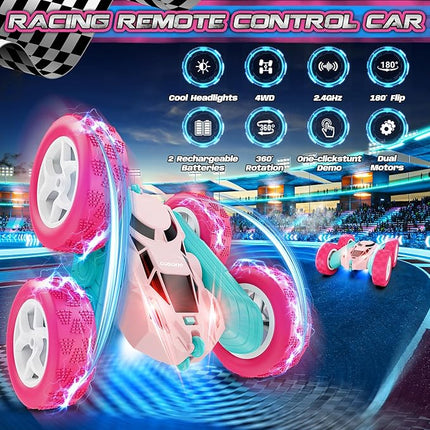 RC Cars, Pink Remote Control Car for Girls, 2.4 GHZ Double Sided RC Stunt Car 360 Rotating Remote Control Cars with Headlights Toys for 6 7 8 9 10 11 12 Girls Birthday Gift