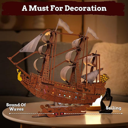 SYNARRY Wooden 3D Puzzles for Adults Teens, LED Pirate Ship Home Decor Gifts for Men Women Model Kits Brain Teaser Wooden Puzzles for Adults Teacher Gifts, Queen Anne's Revenge 378 Pcs