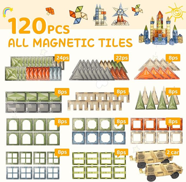 120 PCS Magnetic Tiles, Diamond Magnet Tiles with 2 Cars Magnetic Blocks STEM Toys 3D Kids Preschool Educational Sensory Toys Gift for Toddlers Kids Boys Ages 3 4 5 6 7 8 9+ Year Old