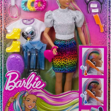 Barbie Doll Leopard Rainbow Hair with Color-Change Highlights & 16 Styling Accessories Including Clothes, Scrunchies, Brush & More