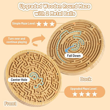 Wooden Labyrinth Board Game with Two Versions of Upgraded Circular Marble Maze with Two-Sided Design, 2-in-1 Puzzle Maze with Two Metal Balls, Brain Teaser Game for Children, Teenagers, and Adult