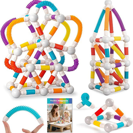 Magnetic Building Blocks Construction Set, 66 Pieces, Educational STEM Toy with Flexible Tubes and Connectors (66PCS)