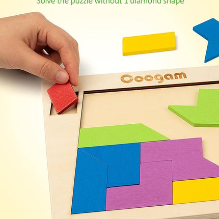 Coogam Wooden Puzzle Blocks Geometric Tangram Brain Teasers Jigsaw 3D Logic IQ Game Colorful Shape Pattern Montessori STEM Educational Toys Gift 60 Challenges for All Age